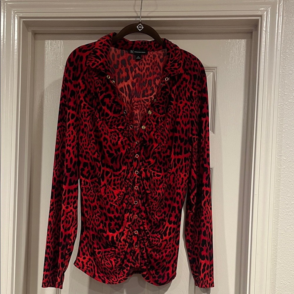 INC International Concepts Red and Black Leopard Button-Front Blouse